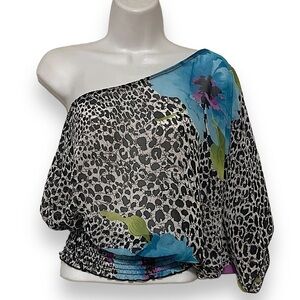 Vintage y2k women’s one shoulder sleeve sheer floral animal print shirt